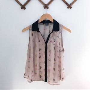 Modcloth Sheer Cat Print Sleeveless Blouse Small
